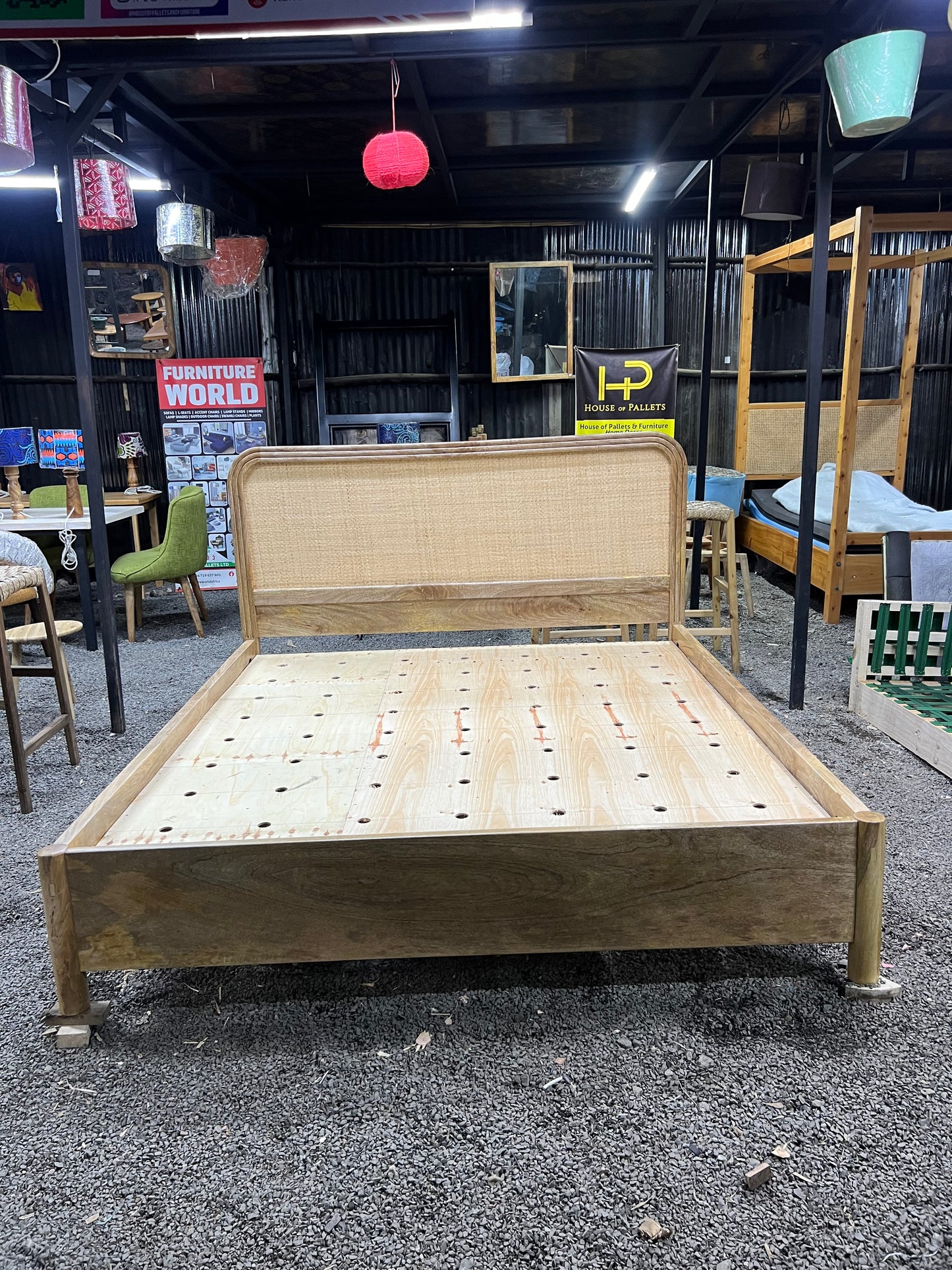 Mango wood rattan bed with curved headboard