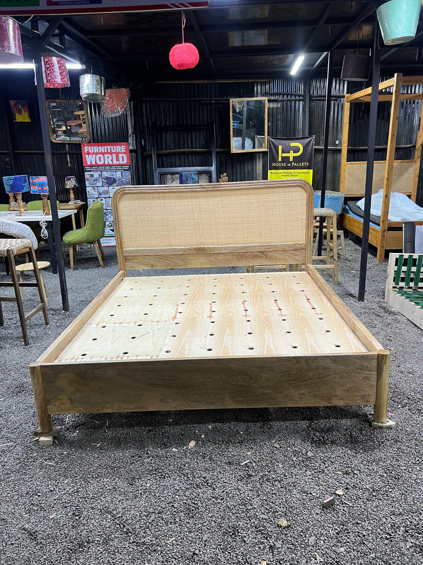 Mango wood rattan bed with curved headboard