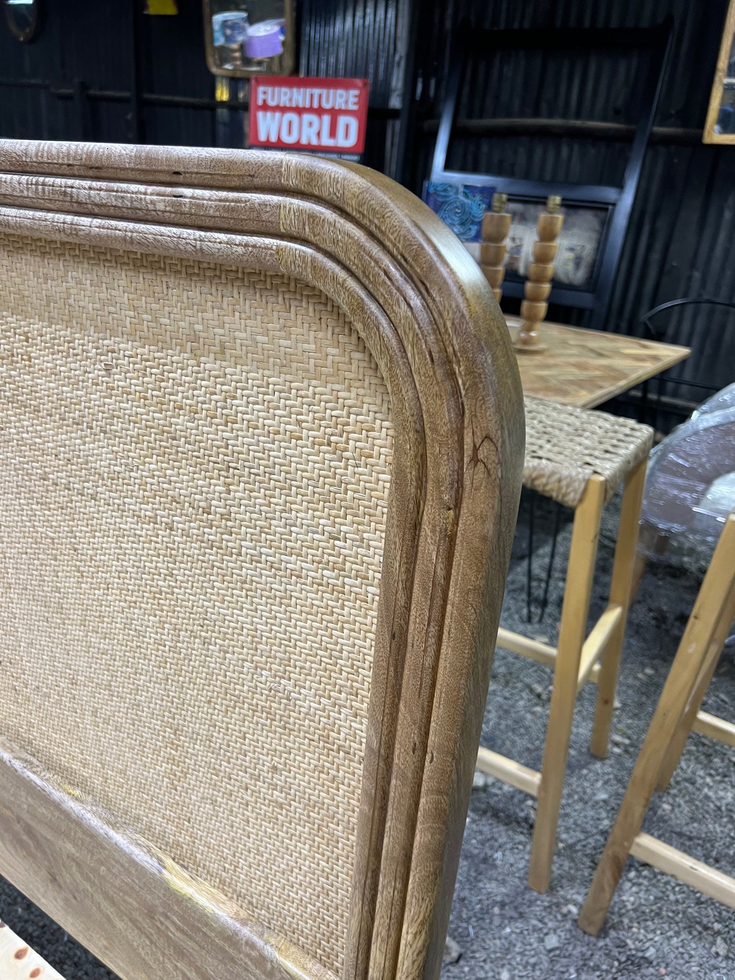 Mango wood rattan bed with curved headboard