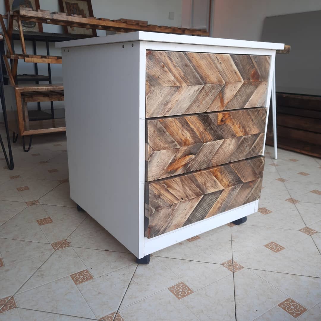 White mdf side bed with rustic drawer faces