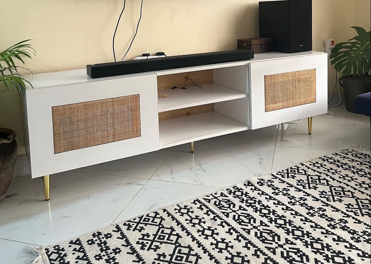 white mdf tv stand with rattan square webbing