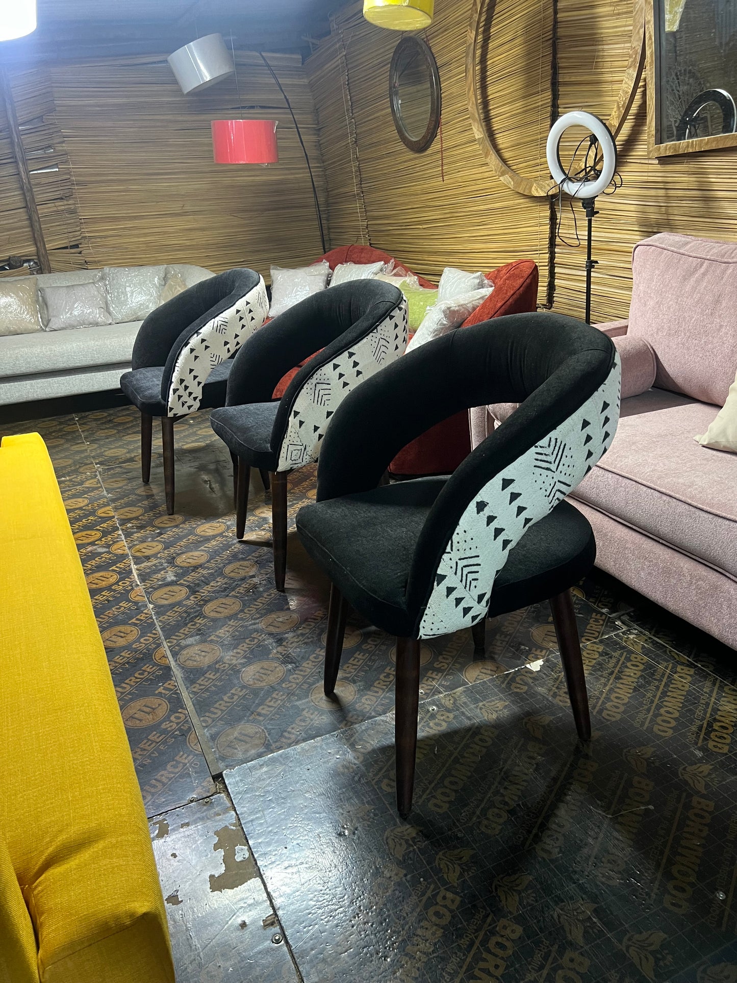 Mudcloth dining chairs with black molfino fabric for ksh 24,000 each