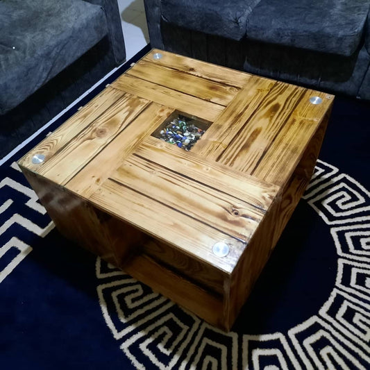 White pine Coffee Table with Tempered Glass