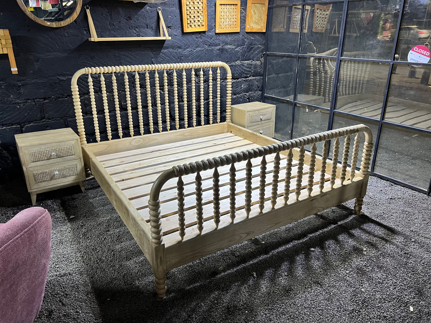 Spindle meru oak bed with rattan side bed set