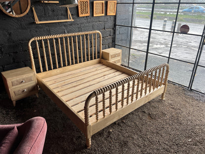 Spindle meru oak bed with rattan side bed set