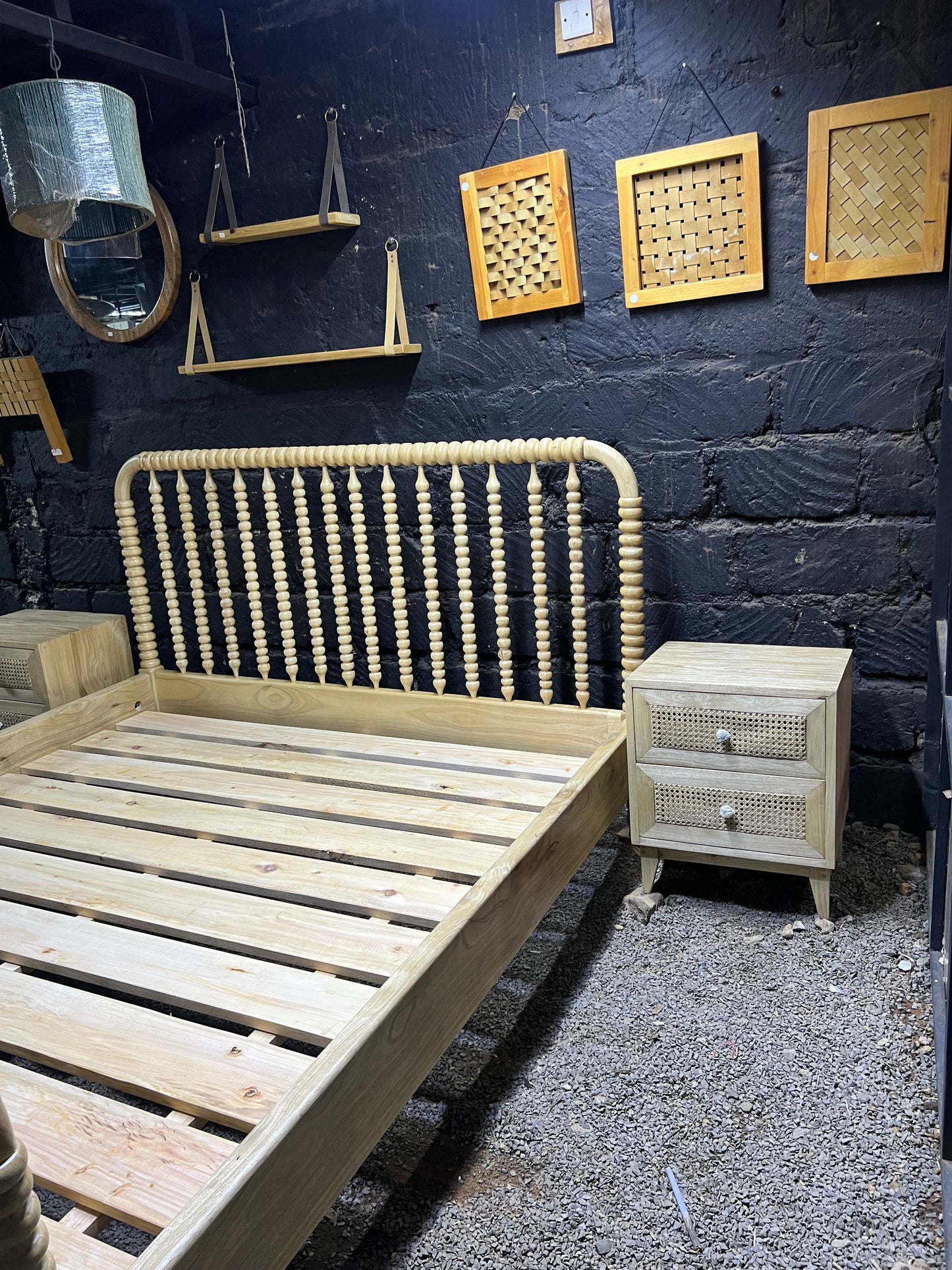 Spindle meru oak bed with rattan side bed set