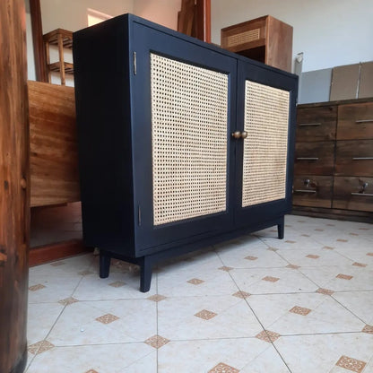 Black painted white pine Rattan Console