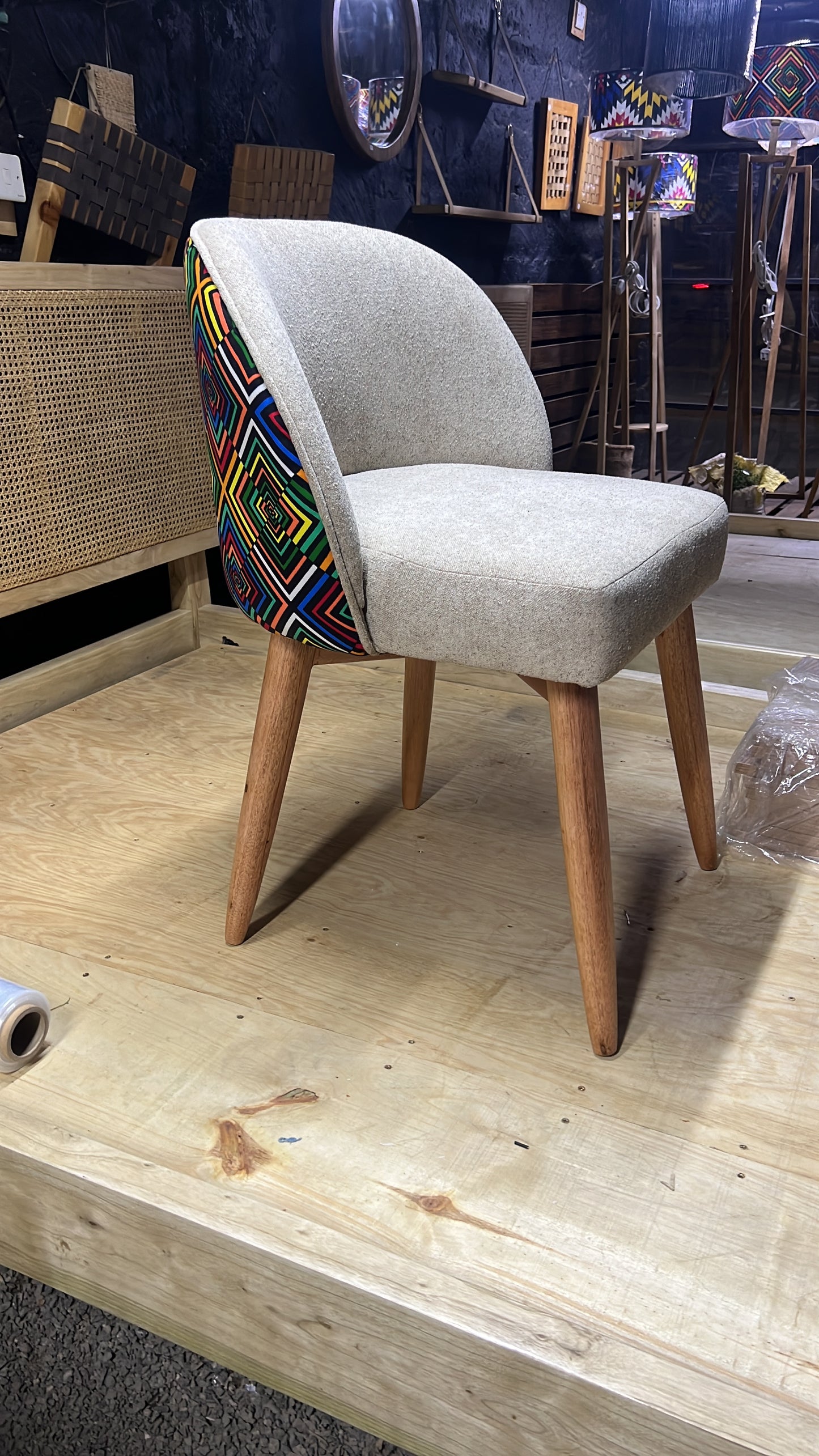 Dining seat with kitenge and grey fabric