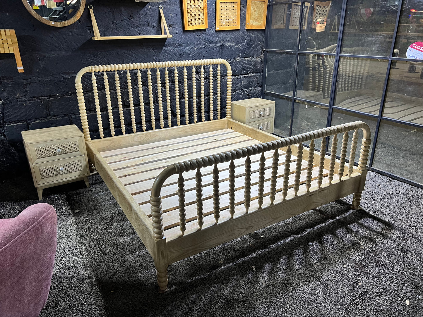 Spindle meru oak bed with rattan side bed set