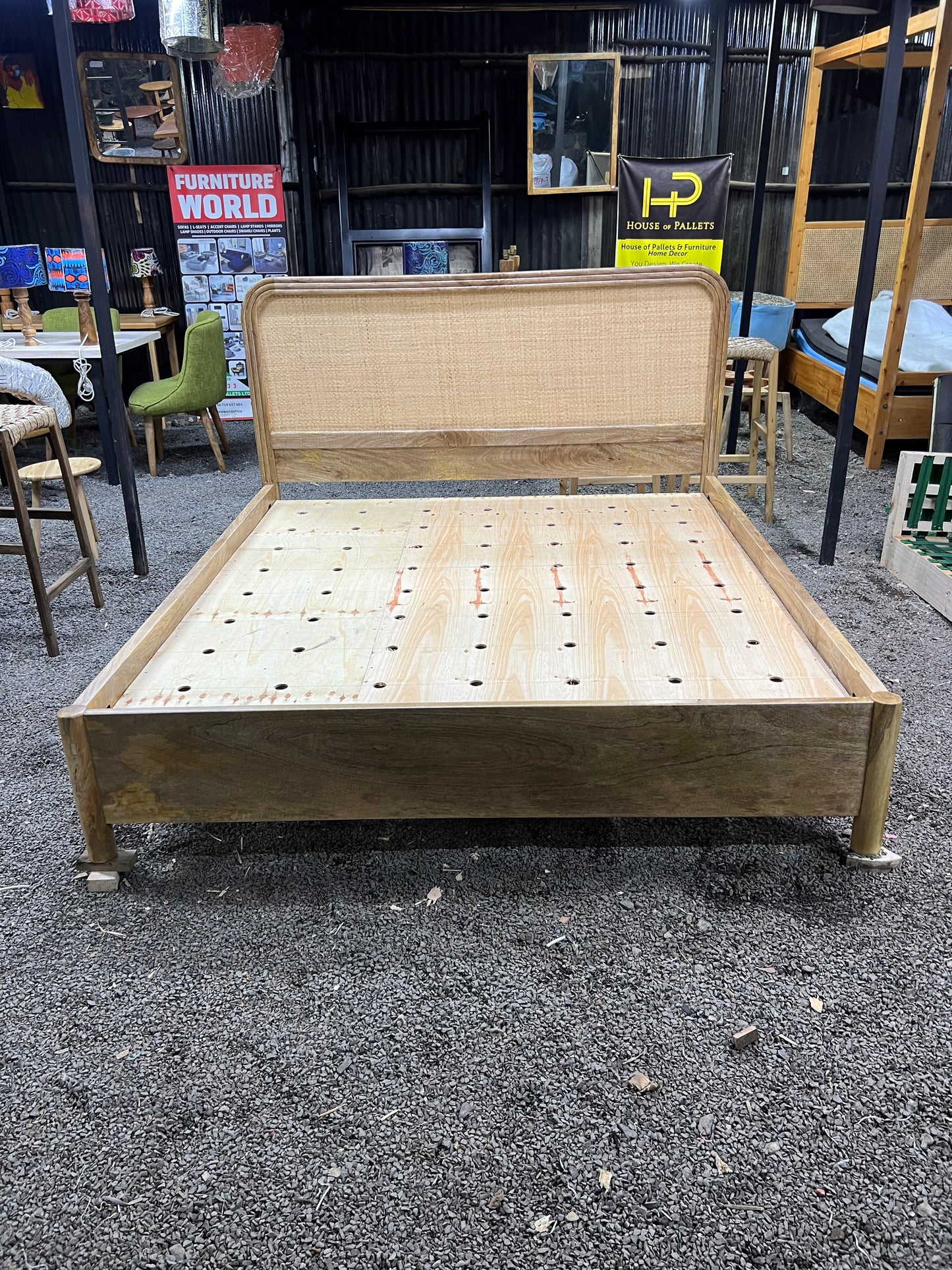Mango wood rattan bed with curved headboard