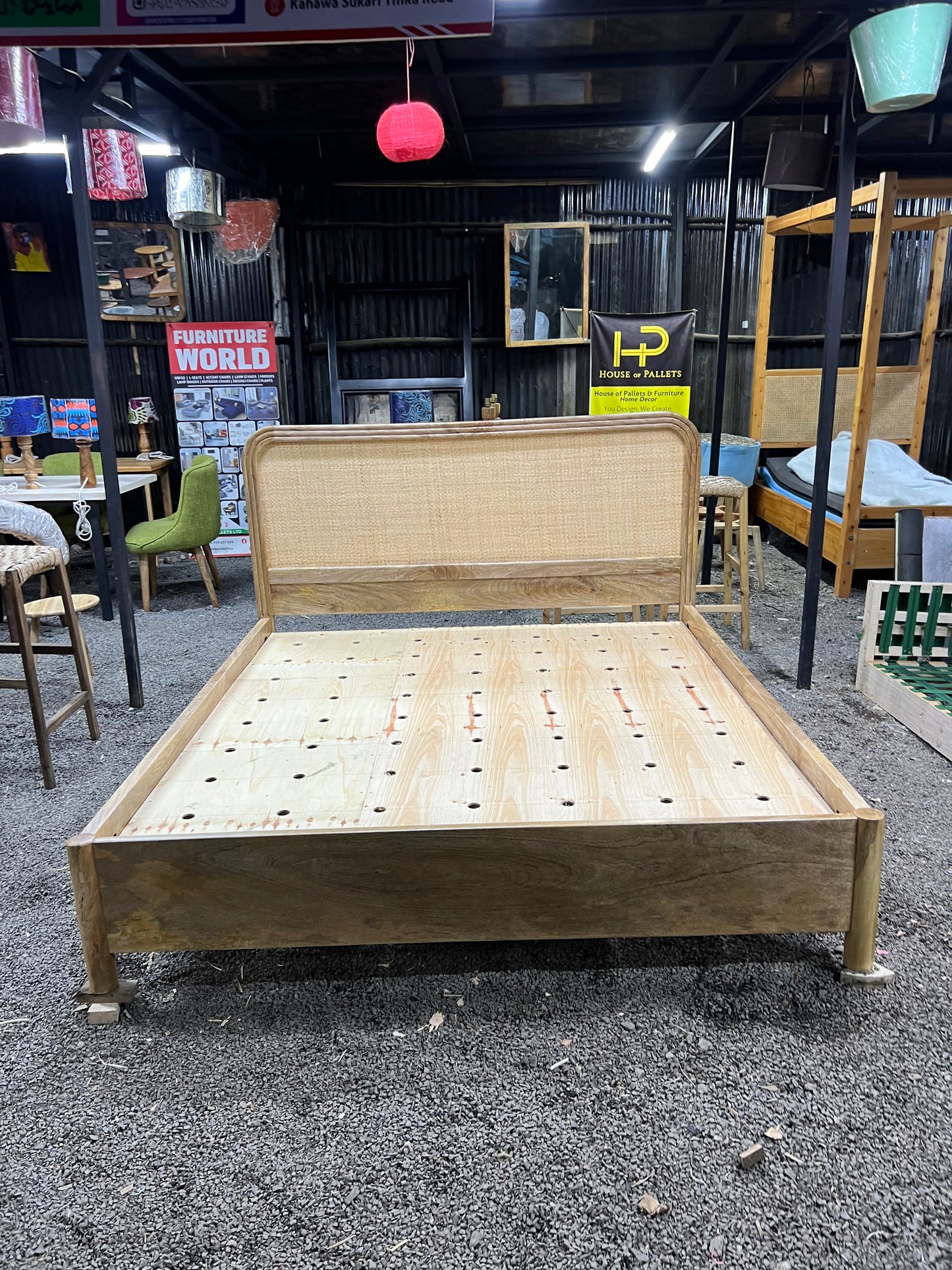 Mango wood rattan bed with curved headboard