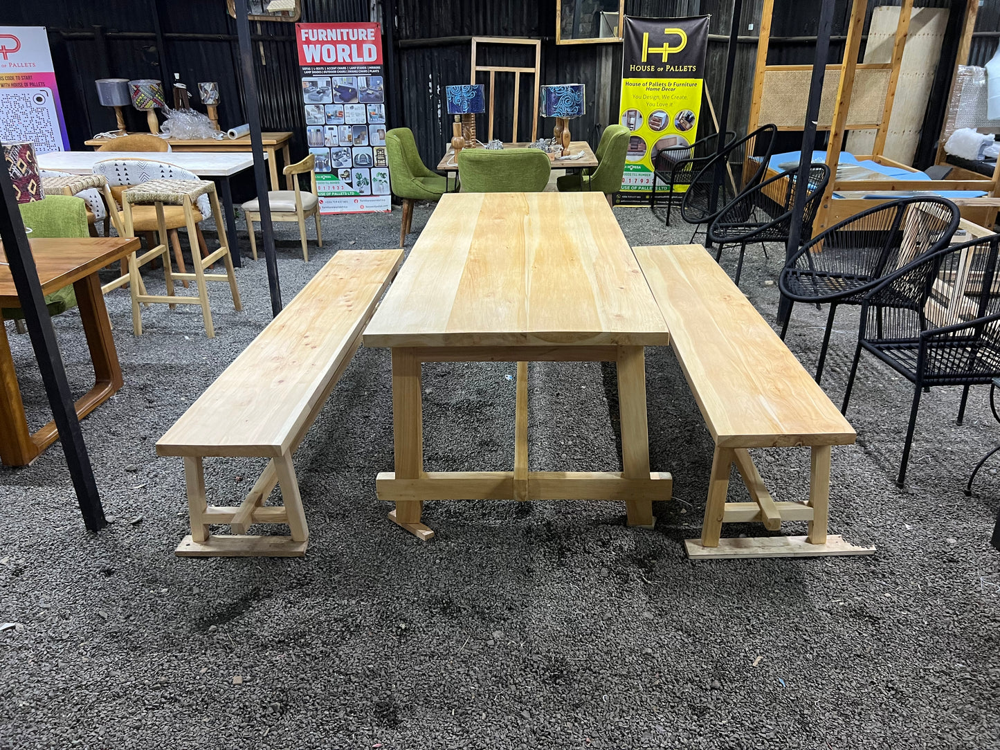 Cypress table and benches set