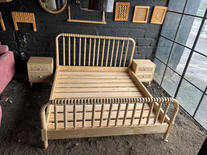 Spindle meru oak bed with rattan side bed set