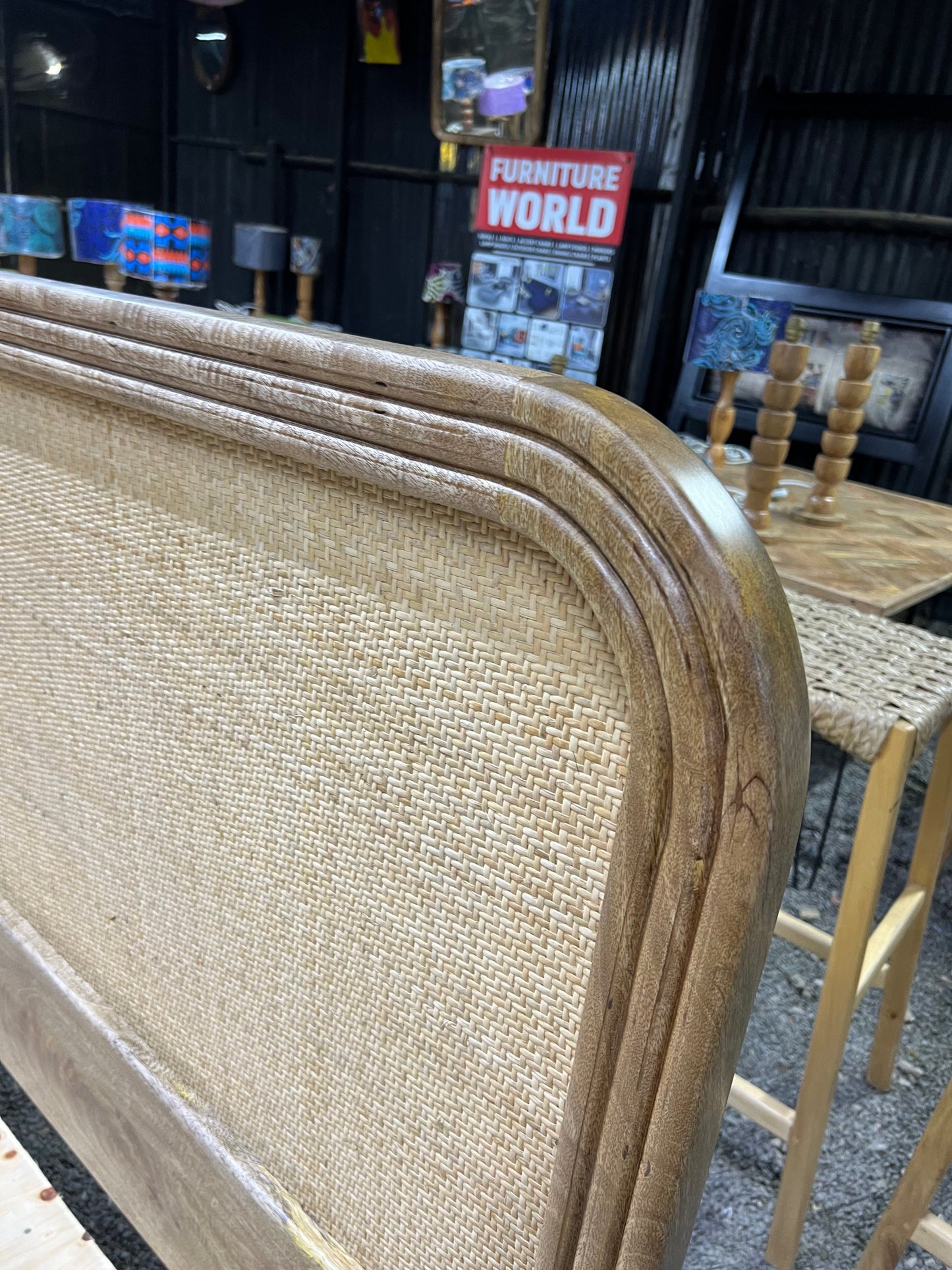 Mango wood rattan bed with curved headboard