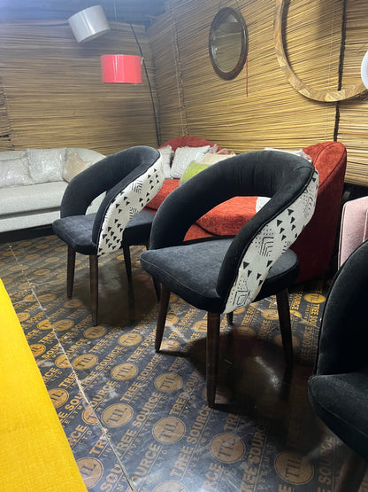 Mudcloth dining chairs with black molfino fabric for ksh 24,000 each