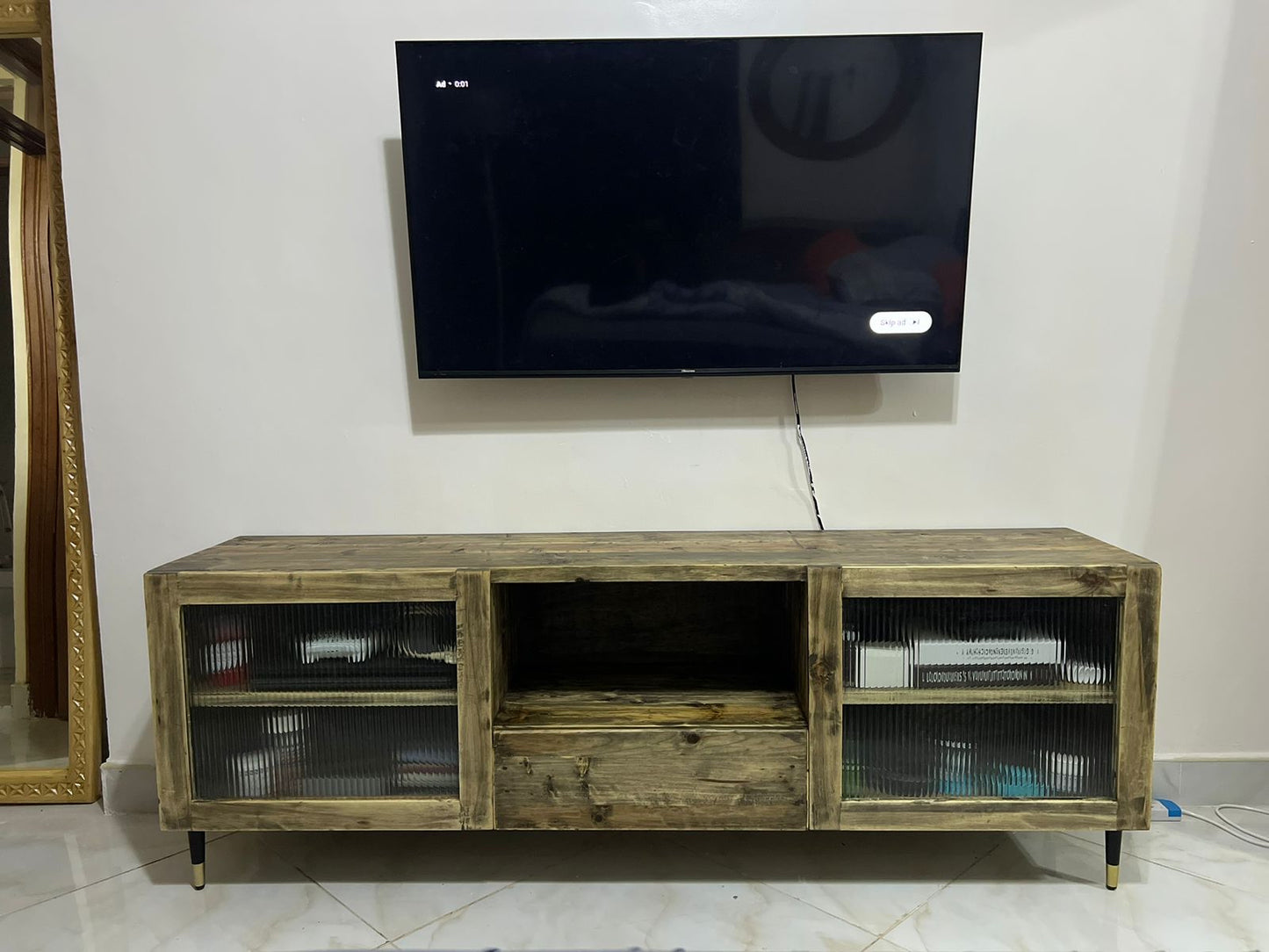 Rustic White Pine TV Stand with Blurred Glass