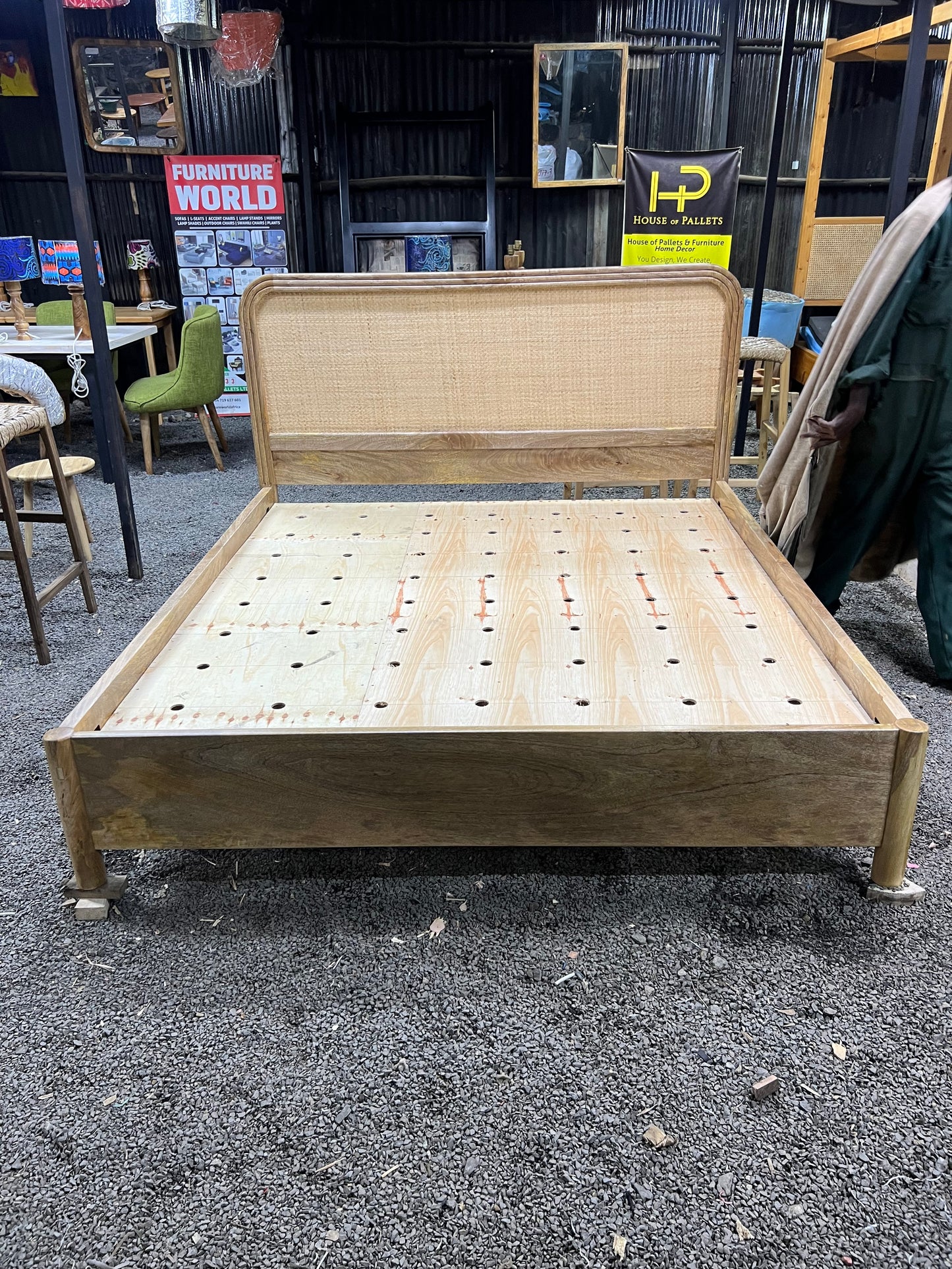 Mango wood rattan bed with curved headboard