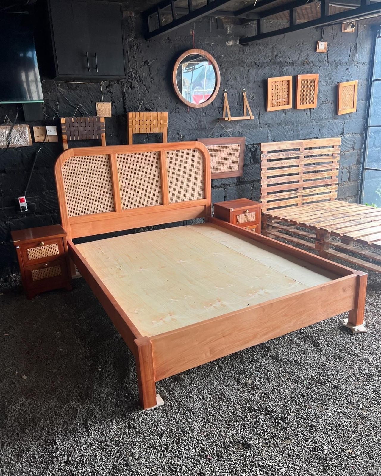 Rattan solid mahogany wood bedroom set