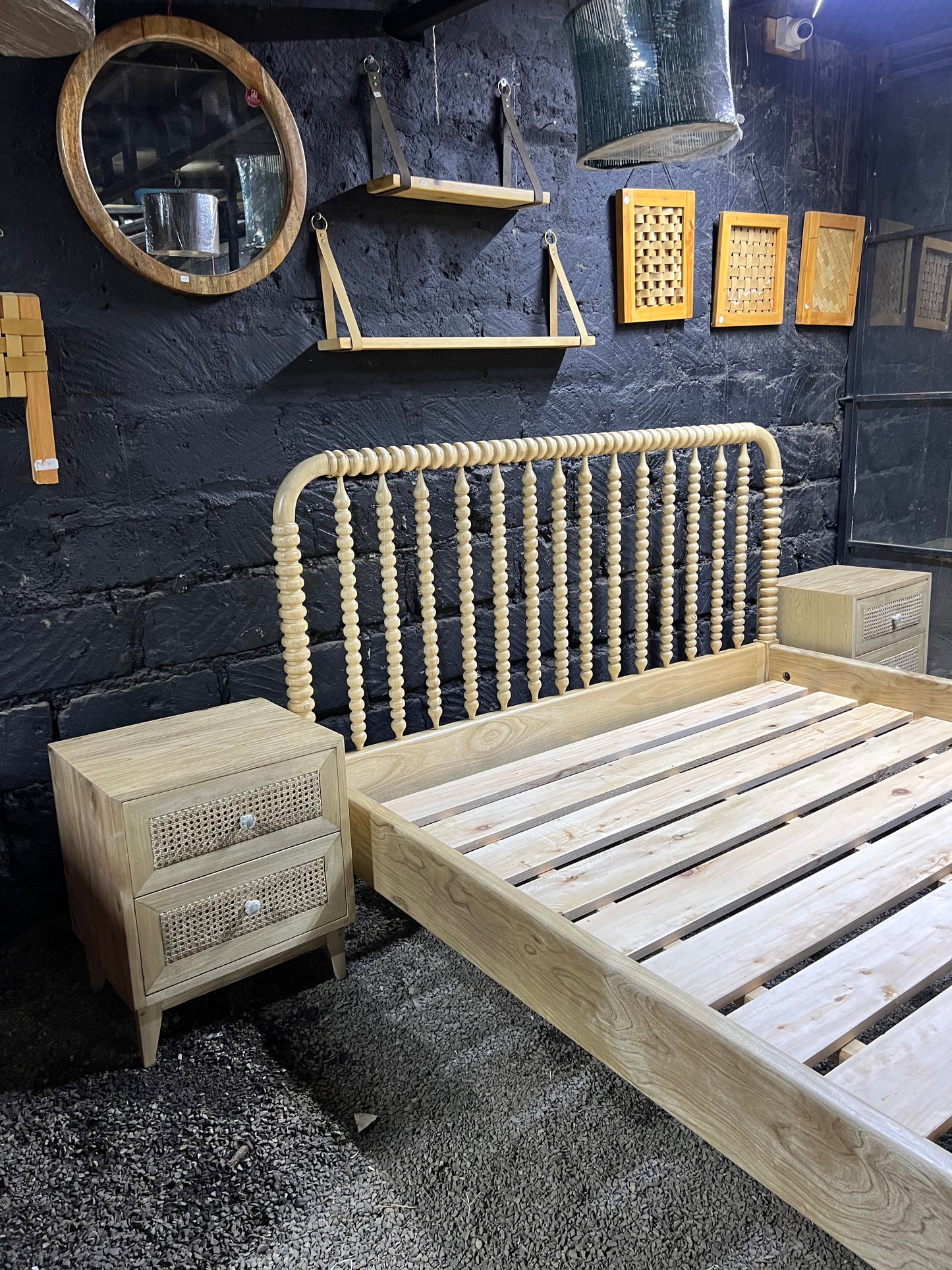 Spindle meru oak bed with rattan side bed set