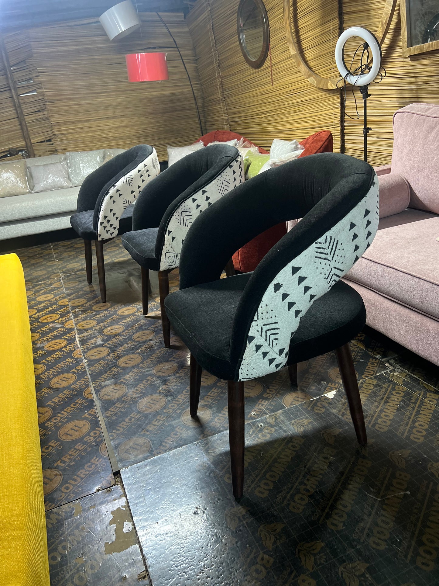 Mudcloth dining chairs with black molfino fabric for ksh 24,000 each