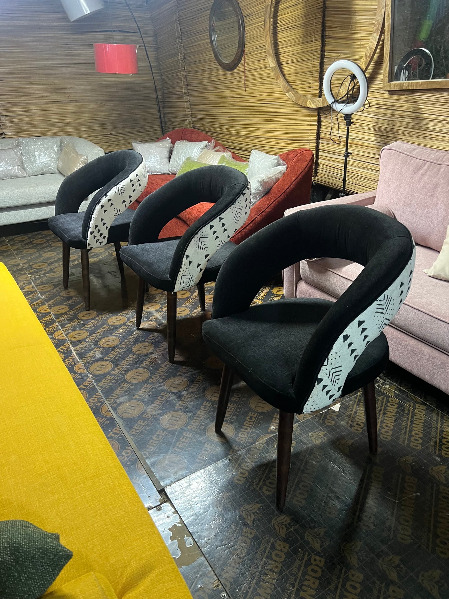 Mudcloth dining chairs with black molfino fabric for ksh 24,000 each