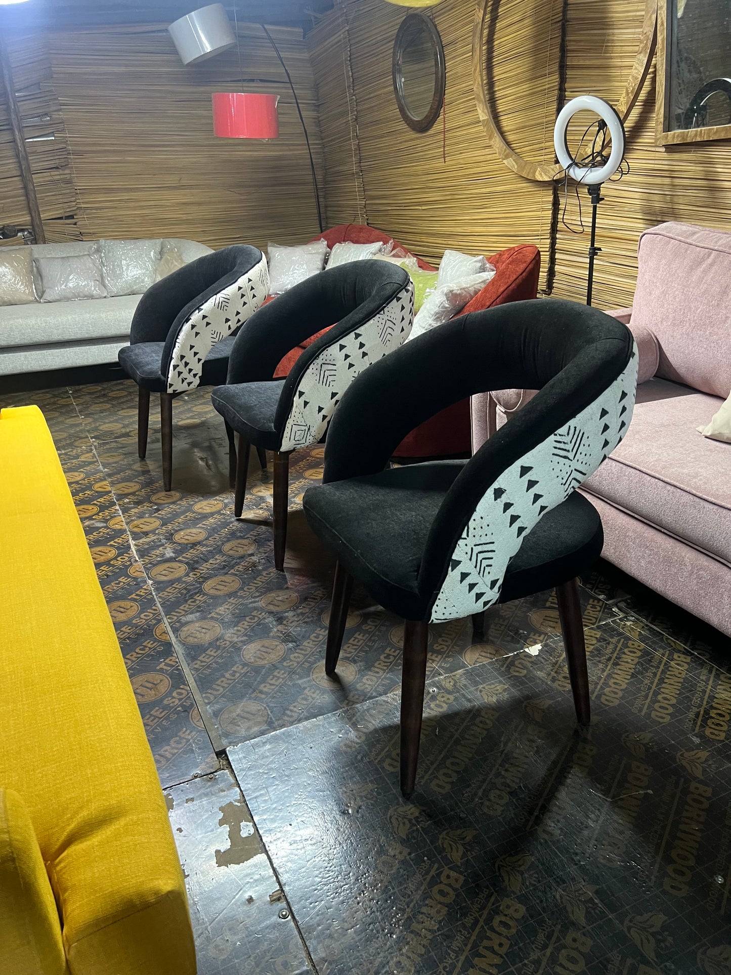 Mudcloth dining chairs with black molfino fabric for ksh 24,000 each