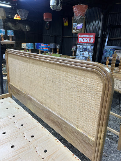 Mango wood rattan bed with curved headboard