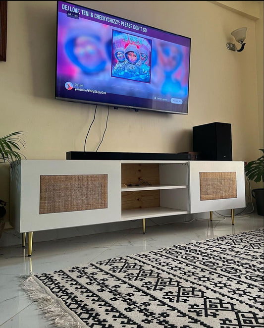 white  mdf tv stand with rattan square  webbing