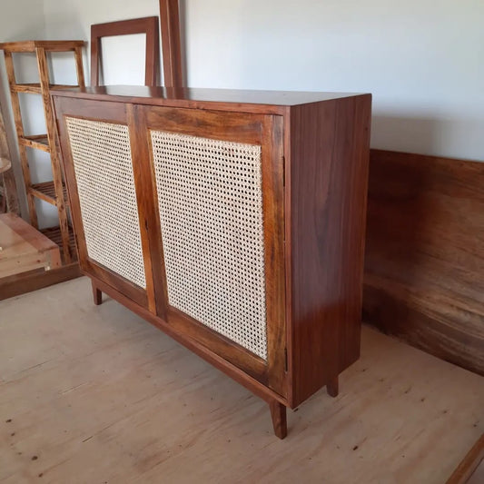 Teak wood cabinet with rattan