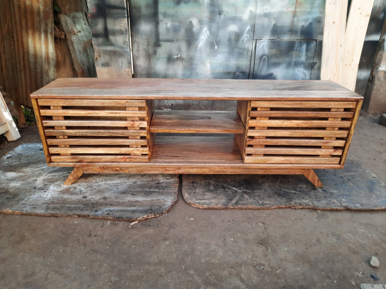 Mango wood mistari tv stand with sliding doors